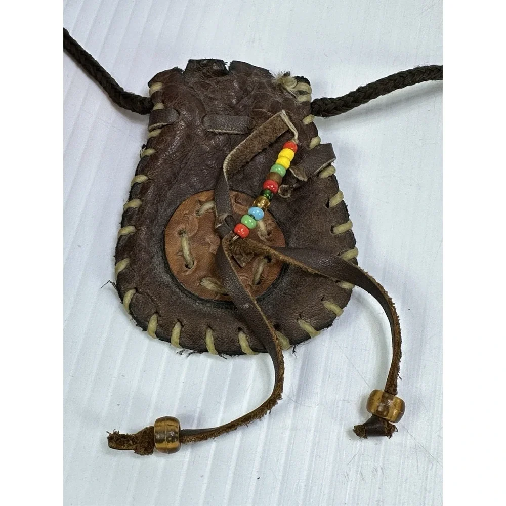 VTG Native American Leather Medicine Bag Beads Tribal Necklace Rawhide Stitching